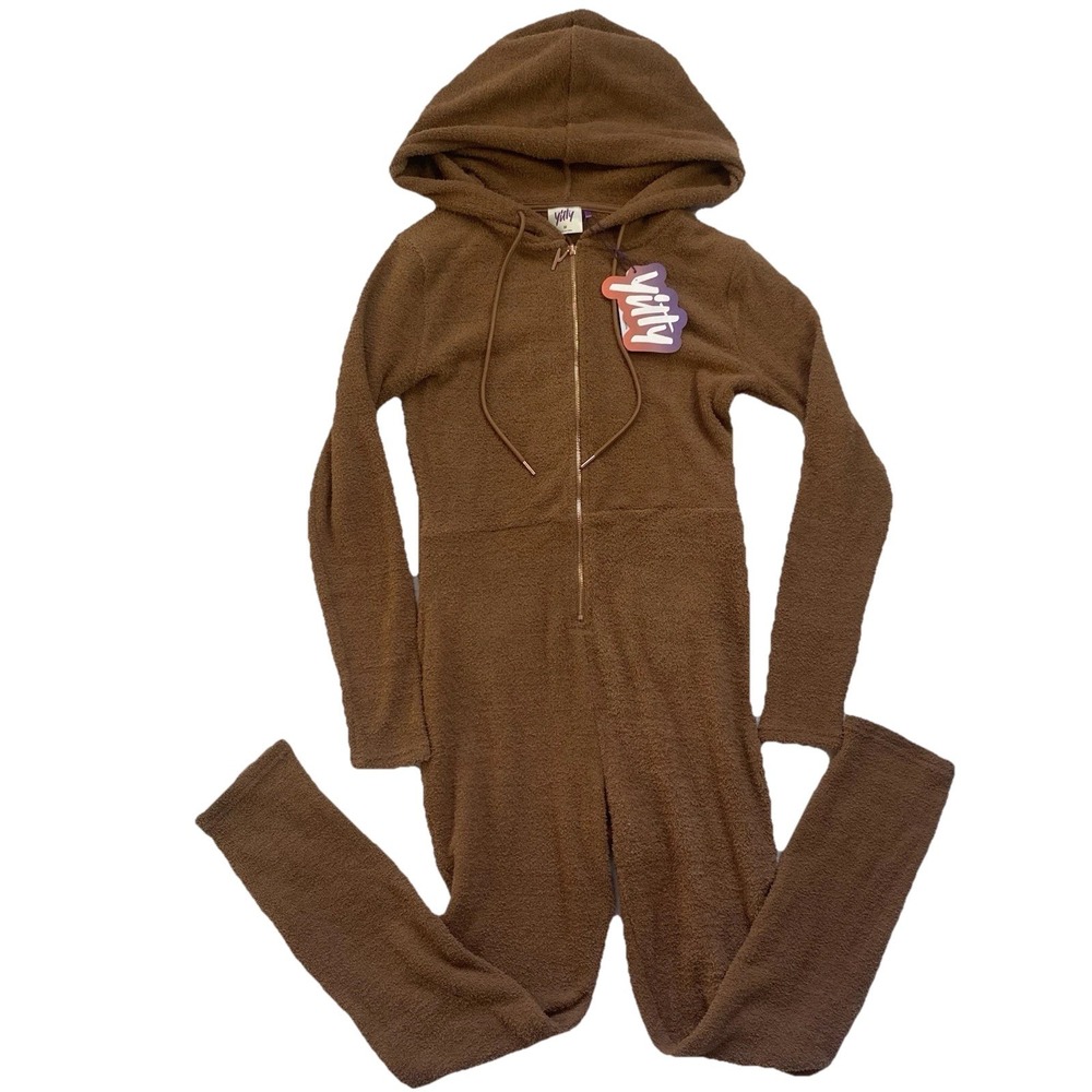 Yitty Pet Me Heart Pocket Jumpsuit Medium Cara Mel Brown Hooded Fleece Bodysuit